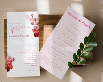 Red and pink rose wedding program template, hot pink flowers wedding programs, ombre red pink floral wedding ceremony program fuchsia #171