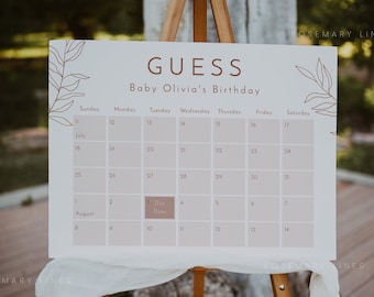 Terracotta guess the due date template, minimal leaves guess the birthday, burnt orange baby shower due date calendar, gender neutral #111