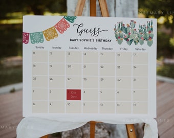 May include: A printable calendar with a cactus and floral design. The calendar is for a baby shower game to guess the baby's birthday. The text on the calendar says "Guess Baby Sophie's Birthday".