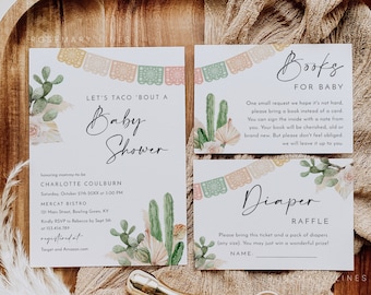 Fiesta baby shower invitation template, taco bout baby, cactus baby shower invitation set, pastel dried palm pampas Mexican shower #180