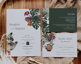 Boho tropical wedding invitation set template, exotic floral greenery wedding invites, palm leaf monstera banana leaf protea orchid #142-5