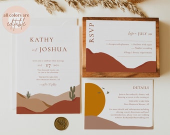 Modern desert wedding invitation template, mountain wedding invitation set, abstract bohemian terracotta invites, cactus, earth tones #097