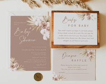 Dusty rose baby shower invitation set template, pale blush boho baby shower invitation, dried palm rose orchids mauve beige dusty pink #160