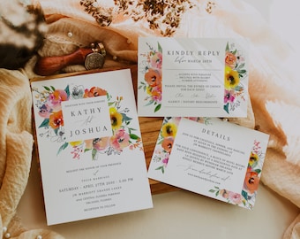 Summer bright floral wedding invitation template, colorful wedding invites in orange coral pink yellow, vibrant spring floral invites #093