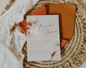 Burnt orange bridal shower invitations, fall bohemian bridal shower invites template, pampas grass terracotta dried palm rust floral #135