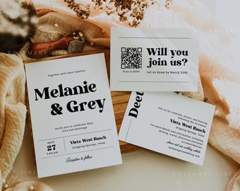 Modern retro wedding invitation set, boho 70's wedding invitation template, bold vintage wedding suite 1970s 60s groovy hippie unique #186