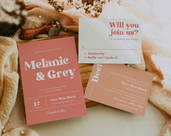 May include: A collection of wedding stationery in shades of pink and white. The invitation features the names "Melanie & Grey" and event details. Additional cards include RSVP and venue information. Dried flowers and fabric add to the aesthetic.