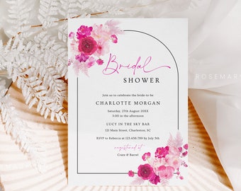 Hot pink bridal shower invitation template, red and pink floral bridal shower invites, blush pink fuchsia magenta summer bridal shower #212