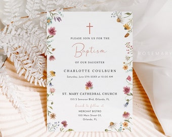 Wildflower baptism invitation template, bright floral girl baptism invites, wildflowers christening religious cross meadow flower field #162