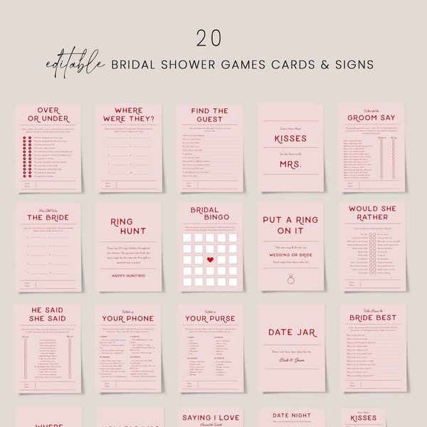 Pink and red bridal shower games bundle, modern retro bridal shower games template, 70's bridal shower games set, mid century 80s 90s #178