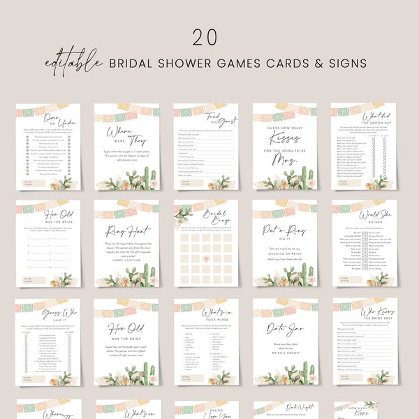 Fiesta bridal shower games bundle template, Mexican bridal shower games set, cactus bridal shower games pack, pastel dried palm pampas #180