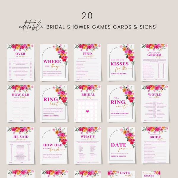 Pink orange bridal shower games bundle template, hot pink floral bridal shower games set, bold vibrant blush fuchsia magenta summer #202