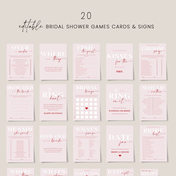 Pink and red bridal shower games set template, hot pink bridal shower games bundle, red pink bridal shower games, bold blush fuchsia #171