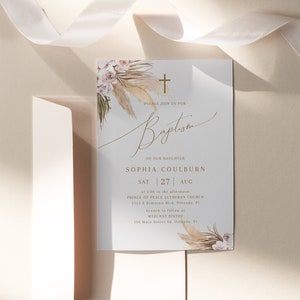 Pampas grass baptism invitation template, editable boho baptism invites, 1st communion invite, tropical bohemian christening card #091-78