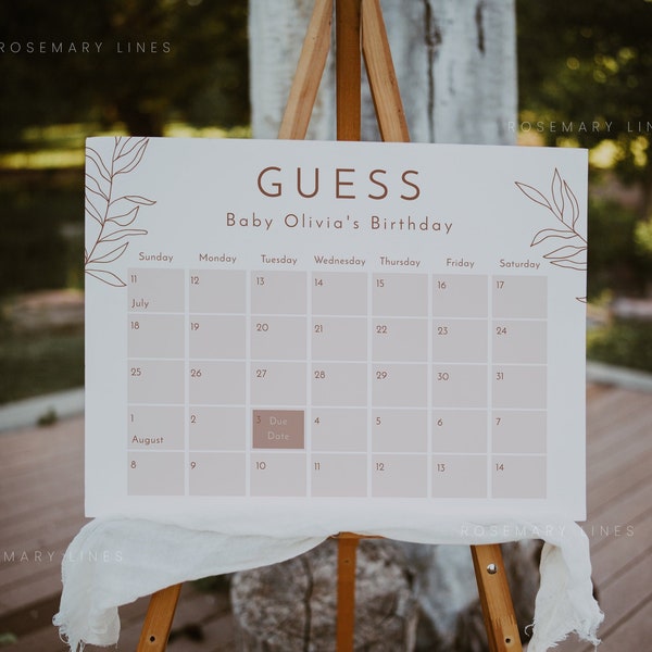 Terracotta guess the due date template, minimal leaves guess the birthday, burnt orange baby shower due date calendar, gender neutral #111