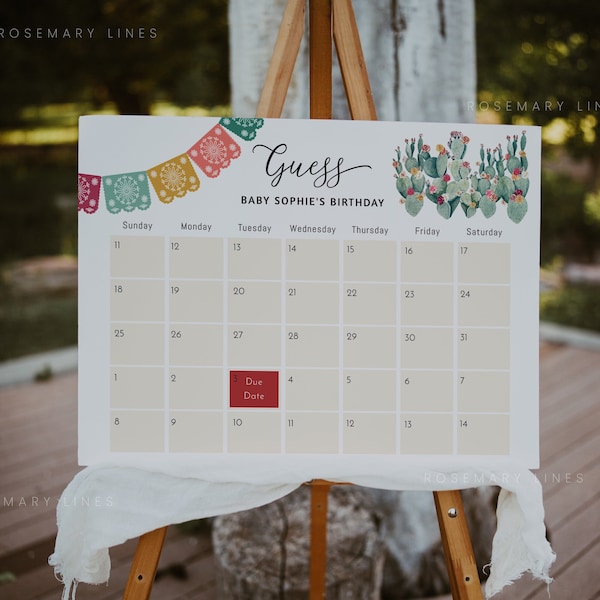 Fiesta baby shower due date calendar template, Mexican guess the due date, cactus guess baby's birthday, cinco de mayo, bright floral #144