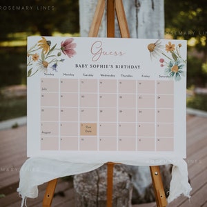 Wildflower baby shower due date calendar, bright colorful floral guess the due date, wildflowers baby birthday prediction game #162