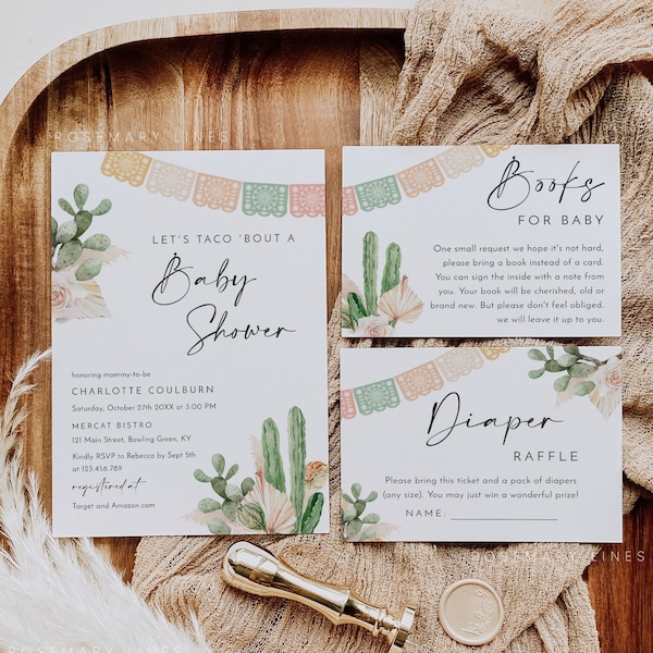 Fiesta baby shower invitation template, taco bout baby, cactus baby shower invitation set, pastel dried palm pampas Mexican shower #180