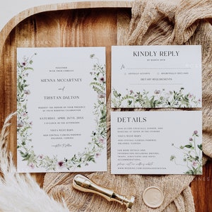 Wildflower wedding invitation set template, blush floral wedding invites, greenery flower field wildflowers enchanted garden midsummer #170