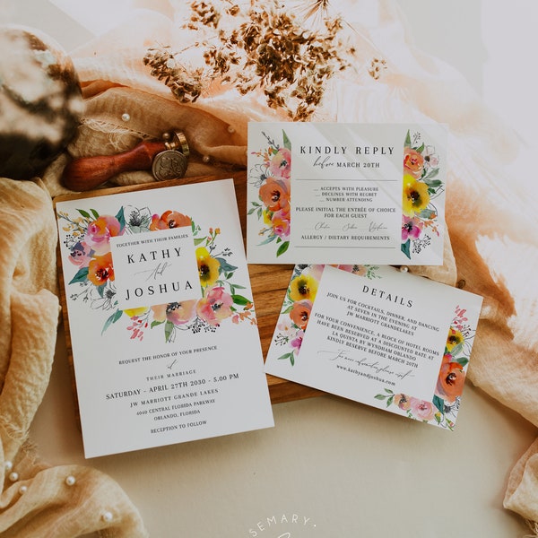 Summer bright floral wedding invitation template, colorful wedding invites in orange coral pink yellow, vibrant spring floral invites #093