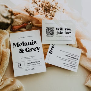 Modern retro wedding invitation set, boho 70&#39;s wedding invitation template, bold vintage wedding suite 1970s 60s groovy hippie unique #186
