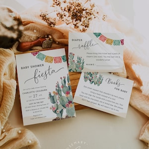 Fiesta baby shower invitation set template, cactus baby shower invites, Mexican, cinco de mayo, desert bright vibrant colorful floral #144