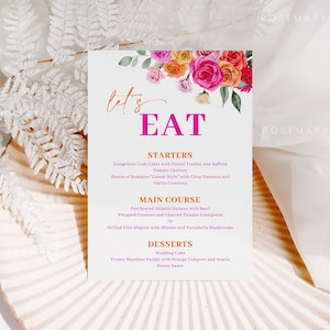 Modèle de menu de mariage orange rose, cartes de menu florales rose vif, menu de douche nuptiale, blush vibrant audacieux fuchsia magenta jaune été #202