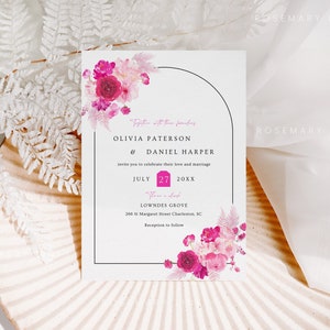 Hot pink wedding invitation template, pink and blush floral wedding invites, blush pink fuchsia magenta summer wedding invitations #212