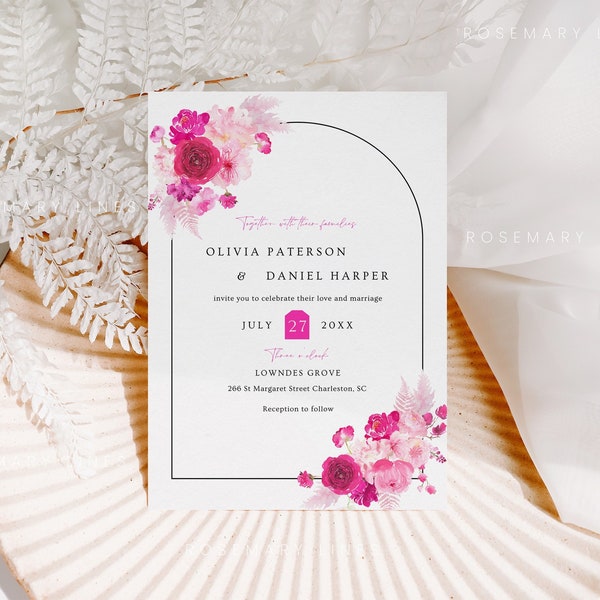 Hot pink wedding invitation template, pink and blush floral wedding invites, blush pink fuchsia magenta summer wedding invitations #212