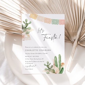 Fiesta bridal shower invitation template, cactus bridal shower invites, neutral pastel dried palm desert bridal shower, Mexican shower #180