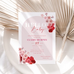 Red and pink baby shower invitation template, hot pink flowers baby shower invites, ombre red pink floral baby shower invites, fuchsia #171