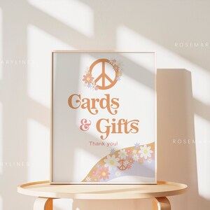 Retro cards and gifts sign template, peace love baby shower signs, groovy birthday signs, pink orange colorful daisy floral 70s hippie #179