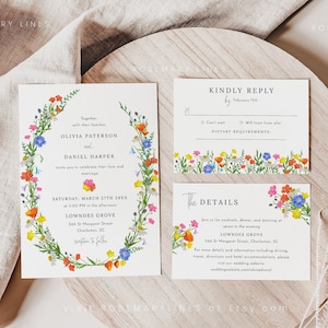 Wildflower wedding invitation set template, botanical wildflowers, spring floral wedding invites, field flowers wedding suite, meadow #190