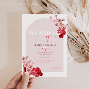 Red and pink ombre floral wedding invitation template, hot pink flowers wedding invitation, red blush pink rose wedding invites fuchsia #171