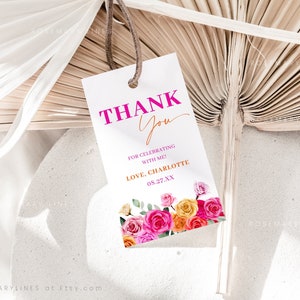 Pink orange birthday favor tag template, hot pink floral thank you tags, bold vibrant blush fuchsia favor tags, magenta yellow summer #202
