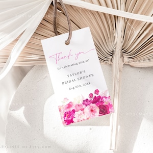 Hot pink floral bridal shower favor tag template, blush bubblegum pink favor tags, summer thank you tags, fuchsia magenta gift tags #212