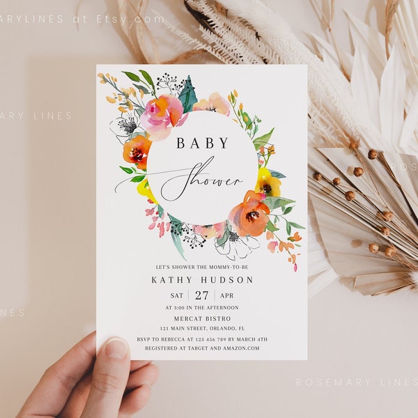Colorful floral wreath baby shower invitation template, coral baby shower invites, spring summer floral orange pink yellow invitations #093