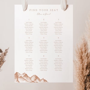 Boho desert wedding seating chart template, minimal mountain table seating chart, terracotta seating chart sign, earthy hand drawn #156