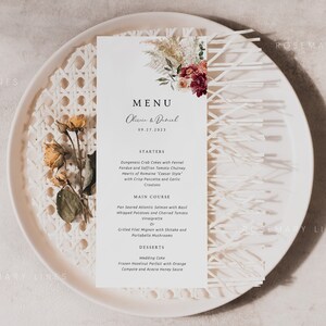 Rustic fall pampas grass wedding menu template, boho burgundy rust burnt orange peach greenery wedding menu cards, winter wedding menu #164