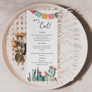Fiesta menu template, prickly pear cactus wedding menu cards printable, Mexican desert wedding menu template, floral bridal shower menu #144