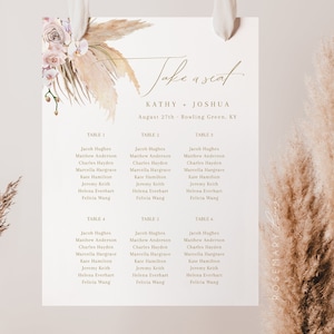 Pampas grass seating chart template, boho wedding seating charts, desert dried palm leaf seating chart sign, earth tones wedding signs #091