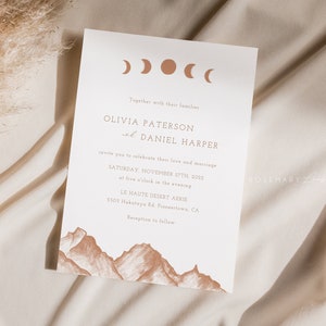 Minimal mountain wedding invitation template, desert wedding invitation, fall terracotta wedding invites, earthy sketch hand drawn moon #156