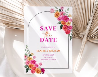 Pink orange save the date template, hot pink wedding save the dates, pink floral bold vibrant blush fuchsia magenta yellow summer #202