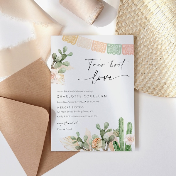Taco bout love fiesta bridal shower invitation template, cactus bridal shower invites, blush peach pastel dried palm Mexican shower #180