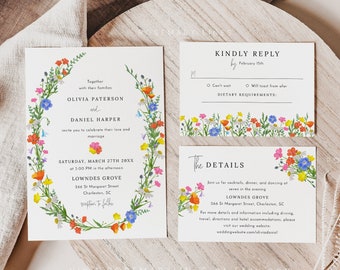 Wildflower wedding invitation set template, botanical wildflowers, spring floral wedding invites, field flowers wedding suite, meadow #190