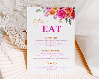 Pink orange wedding menu template, hot pink floral menu cards, bridal shower menu, bold vibrant blush fuchsia magenta yellow summer #202