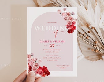 Red and pink ombre floral wedding invitation template, hot pink flowers wedding invitation, red blush pink rose wedding invites fuchsia #171