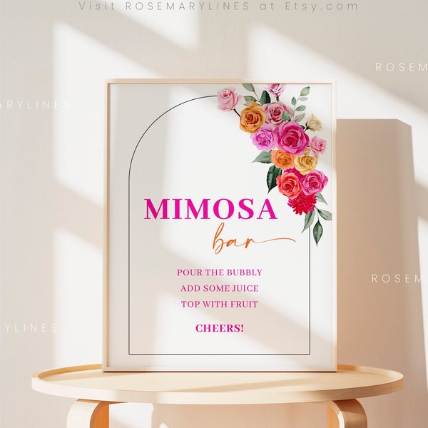 Pink orange mimosa bar sign template, hot pink floral wedding bar sign, bold vibrant blush fuchsia magenta yellow summer mom-osa bar #202