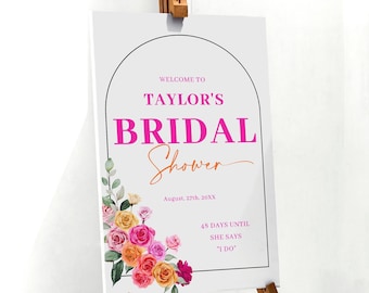 Pink orange bridal shower welcome sign template, hot pink floral bridal shower poster, bold vibrant blush fuchsia magenta yellow summer #202
