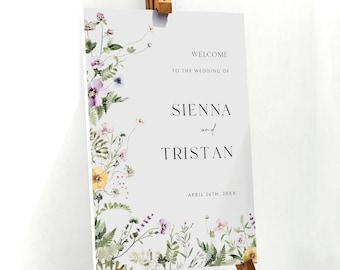 Elegant floral wedding welcome sign template, wildflower welcome sign, rustic meadow lavender blush yellow grass flowers wedding sign #194